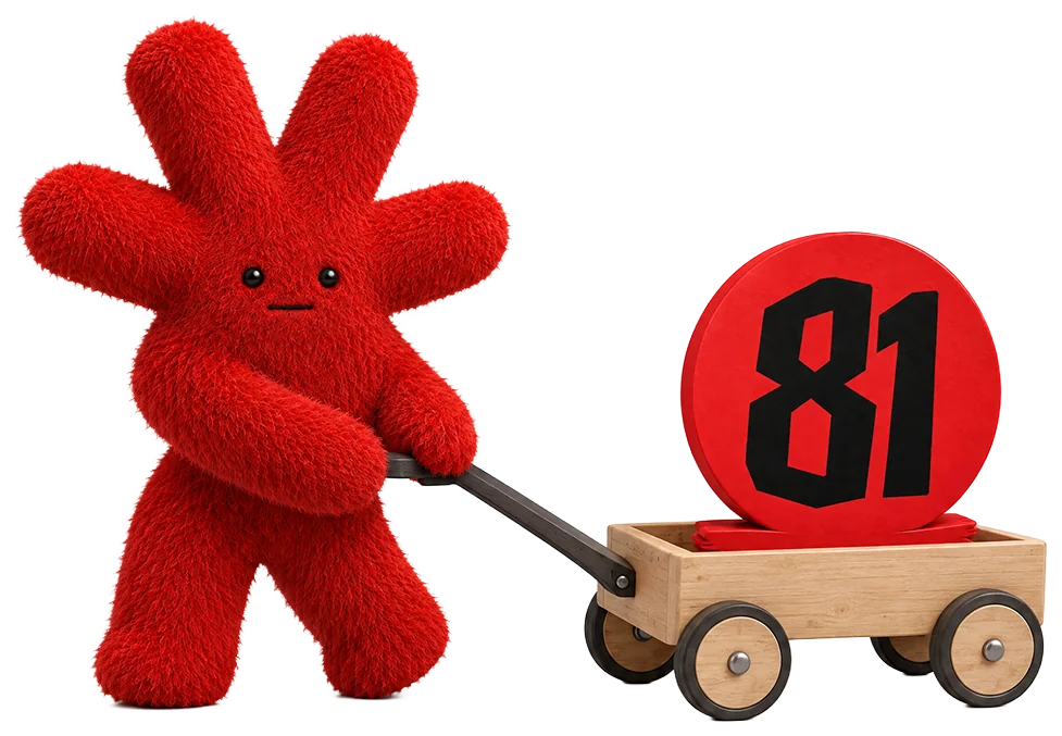 Mascote da OITOUM levando o 81 num carrinho