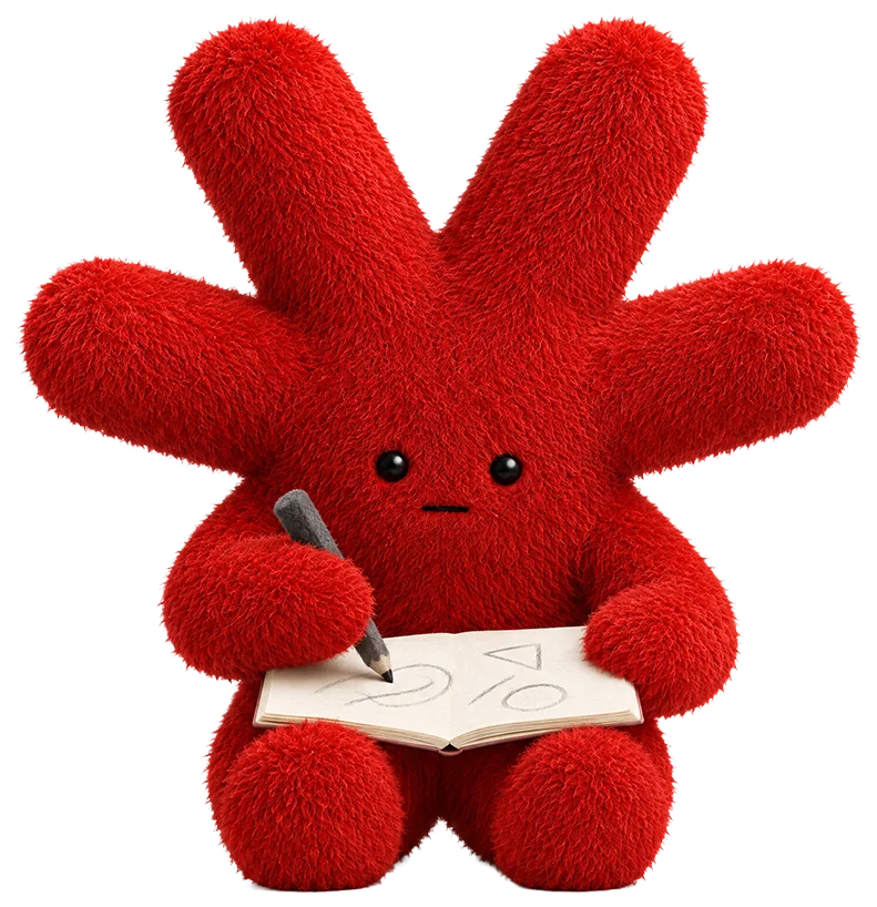 Mascote da OITOUM desenhando num caderno
