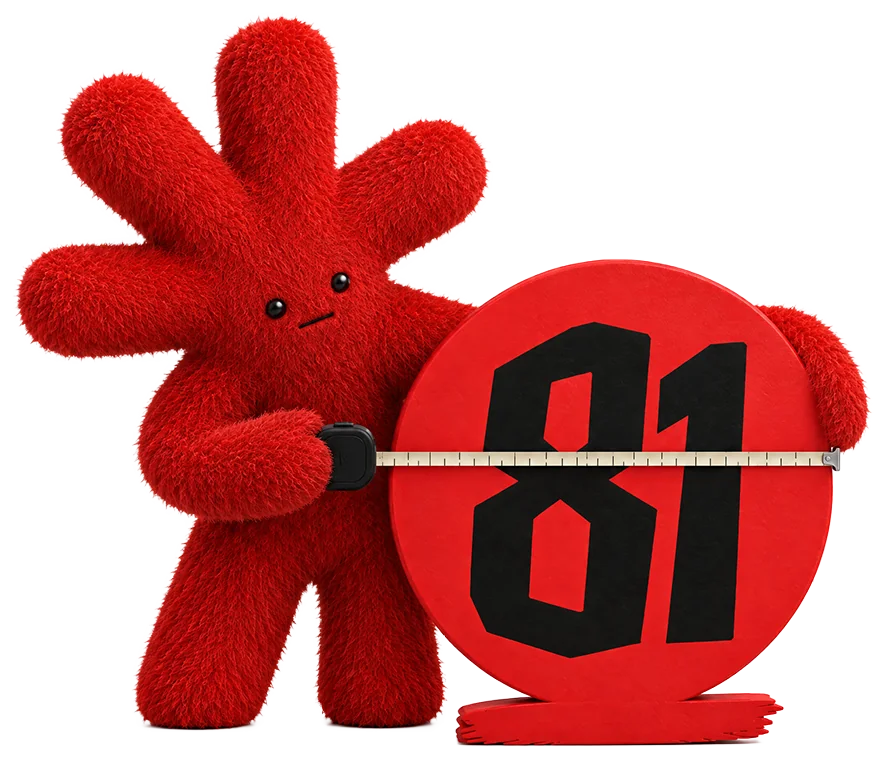 Mascote da OITOUM medindo o 81 com uma trena