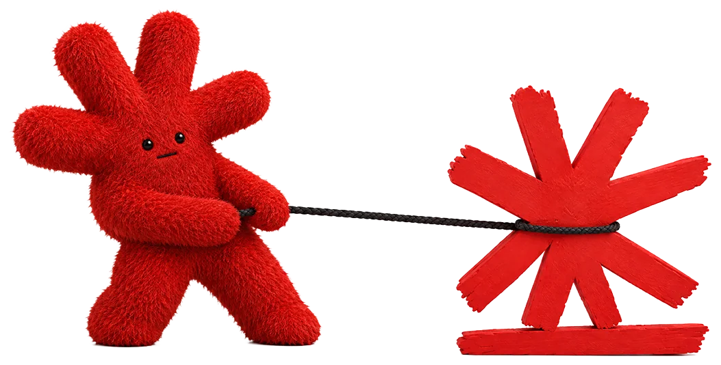 Mascote da OITOUM puxando um asterisco com uma corda